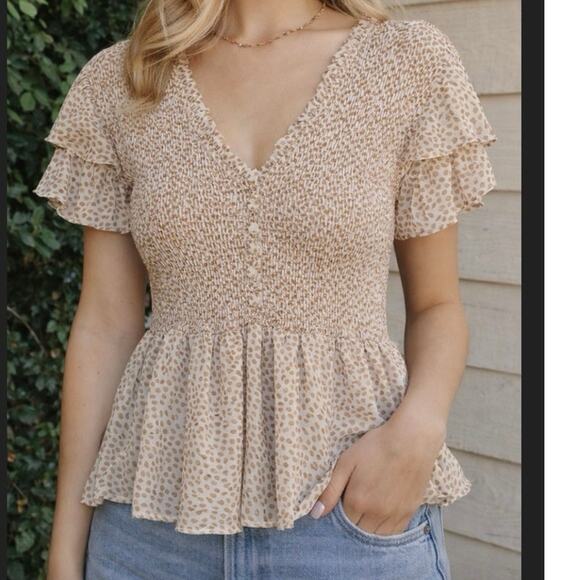She + Sky Tops - She + Sky Smocked Peplum Top Medium Beige Boho Ruffle Cottagecore